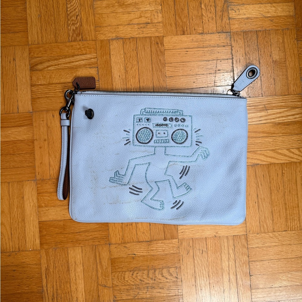 Coach Light Blue Leather Wristlet with Boombox Graphic